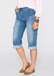 Dżinsy bojówki mid waist, ze stretchem. Niebieskie jeansy damskie bonprix, bez wzorów, z jeansu. Za 112.99 zł.