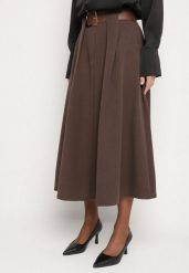 Brązowa Rozkloszowana Spódnica z Wiskozą Zdobiona Paskiem z Klamrą Tinevia. Brązowe spódnice damskie Born2be, do pracy, uniwersalny, z aplikacjami, z wiskozy, biznesowe, midi, koszulowe. Za 109.99 zł.