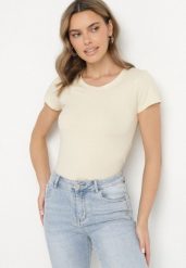 Beżowy Bawełniany T-shirt o Klasycznym Fasonie Lialova. Brązowe t-shirty damskie Born2be, l, bez wzorów, z bawełny, eleganckie, bez kołnierzyka, bez ramiączek. Za 29.99 zł.