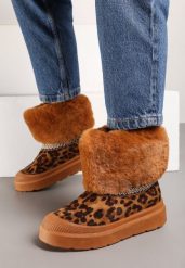 Brązowe Płaskie Śniegowce Ozdobione Wzorem w Panterkę Haftem i Futerkiem Linnealis. Brązowe śniegowce damskie Born2be, z futra, bez zapięcia. Za 59.99 zł.