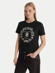 Guess T-Shirt V6RI12 J1314 Czarny Regular Fit. Czarne t-shirty damskie Guess, xs, z aplikacjami, z bawełny, bez kołnierzyka, bez ramiączek. Za 179.99 zł.