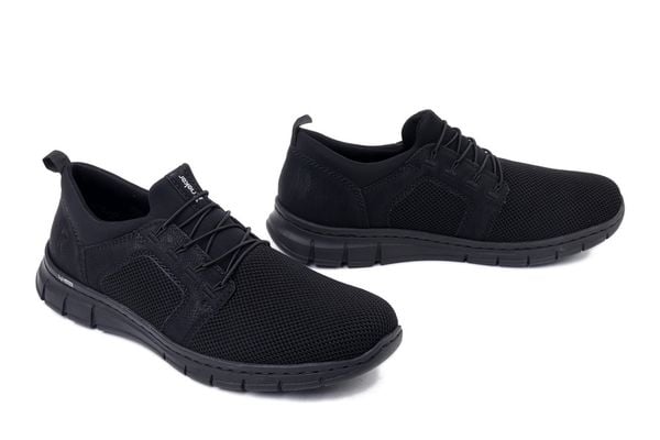 RIEKER B7796-01 black, półbuty męskie. Czarne półbuty męskie Rieker, na lato, bez wzorów, bez obcasa, bez zapięcia. Za 258.93 zł.