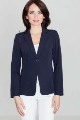 Elegancki Niebieski Żakiet na Jeden Guzik z wywijanym Mankietem. Niebieskie marynarki i żakiety damskie Katrus, bez wzorów, z materiału, eleganckie, bez kołnierzyka, bez ramiączek. Za 249.00 zł.