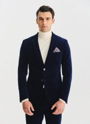 PAKO LORENTE - Granatowa sztruksowa marynarka męska. Garnitury męskie Pako Lorente, m, bez wzorów, z bawełny, casualowe, bez kołnierzyka, bez ramiączek. Za 599.99 zł.