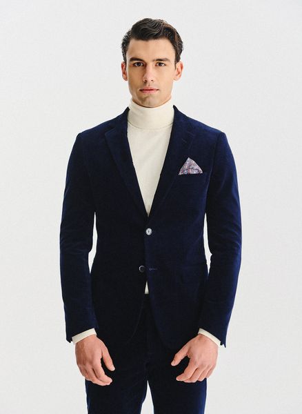 PAKO LORENTE - Granatowa sztruksowa marynarka męska. Garnitury męskie Pako Lorente, m, bez wzorów, z bawełny, casualowe, bez kołnierzyka, bez ramiączek. Za 599.99 zł.