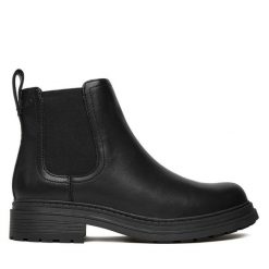 Sztyblety Clarks. Czarne botki damskie Clarks, bez wzorów, bez obcasa, na płaskiej podeszwie, bez zapięcia. Za 299.99 zł.