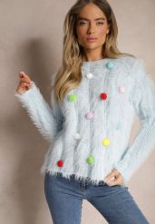 Jasnoniebieski Sweter z Dodatkiem Wełny z Alpaki i Kolorowymi Pomponami Felinora. Niebieskie swetry nierozpinane damskie Renee, bez wzorów, z wełny, casualowe, bez kołnierzyka, bez ramiączek. Za 99.99 zł.