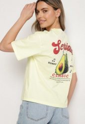 Żółty T-shirt z Bawełną i Motywem Awokado Addixa. Żółte t-shirty damskie Born2be, m, bez wzorów, z bawełny, klasyczne, bez kołnierzyka, bez ramiączek. Za 79.99 zł.