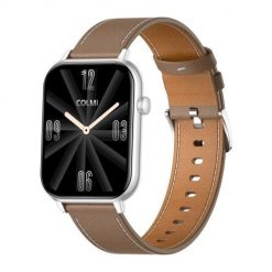 Smartwatch COLMI C28 Srebrny + brązowy skórzany pasek. Brązowe zegarki smartwatch Colmi, bez wzorów. Za 149.00 zł.