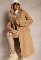 Jasnobrązowy Klasyczny Płaszcz z Wiązaniem Deneris. Brązowe płaszcze damskie Renee, l, bez wzorów, eleganckie, bez kołnierzyka, bez kaptura. Za 379.99 zł.