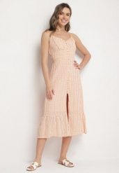 Pomarańczowa Sukienka Rozkloszowana na Ramiączkach z Guzikami z Wiskozą Efrinelle. Brązowe sukienki damskie Born2be, na co dzień, l, bez wzorów, z wiskozy, eleganckie, bez kołnierzyka, bez ramiączek, midi, rozkloszowane. Za 99.99 zł.