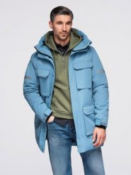 Ocieplana długa męska kurtka z odblaskowymi elementami – niebieska V4 - Rozmiar: M. Niebieskie kurtki męskie Ombre Clothing, l, z aplikacjami, z gumy, eleganckie. W wyprzedaży za 370.49 zł.