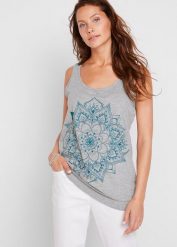 Tank top z lekkiego dżerseju. Szare topy damskie bonprix, bez wzorów, z bawełny, bez kołnierzyka, bez ramiączek. Za 52.99 zł.