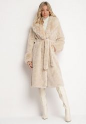 Beżowy Futerkowy Płaszcz z Szerokim Kołnierzem i Mankietami z Wiązanym Paskiem Viaruna. Brązowe płaszcze damskie Born2be, l, bez wzorów, z dzianiny, eleganckie, bez kołnierzyka, bez kaptura. Za 349.99 zł.