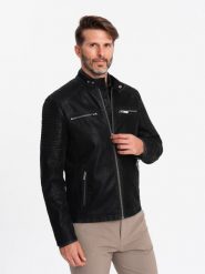 Kurtka męska biker ze stójką w stylu retro – czarna V2 OM-JAFL-0197 - XXL. Czarne kurtki męskie Ombre Clothing, l, bez wzorów, z materiału, retro, bez kaptura. W wyprzedaży za 269.99 zł.