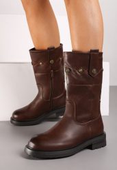 Brązowe Botki z Nitami i Przeszyciami Tatina. Brązowe botki damskie Born2be, bez wzorów, z jeansu, eleganckie, bez obcasa, na płaskiej podeszwie, bez zapięcia. Za 84.99 zł.