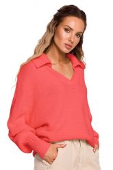 Sweter w Szpic z Kołnierzykiem - Brzoskwiniowy. Pomarańczowe swetry nierozpinane damskie MOE, l, bez wzorów, z materiału, bez kołnierzyka, bez ramiączek. Za 228.90 zł.