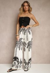 Białe Spodnie z Wiskozy o Szerokim Kroju High Waist z Palmami Varritia. Białe spodnie materiałowe damskie Renee, na lato, bez wzorów, z jeansu, eleganckie, z podwyższonym stanem. Za 39.99 zł.