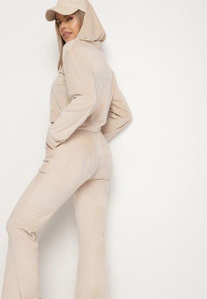 Beżowy Welurowy Komplet Dresowy z Cyrkoniową Aplikacją Bluza i Spodnie Mitene. Brązowe bluzy damskie Born2be, m, z aplikacjami, z dresówki, bez ramiączek, z kapturem. Za 79.99 zł.