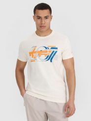 4F T-shirt regular z nadrukiem męski - beżowy M. Brązowe koszulki sportowe męskie 4F, m, bez wzorów, z bawełny, bez ramiączek. W wyprzedaży za 39.99 zł.