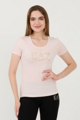 EA7 Różowy t-shirt z cyrkoniami. Czerwone t-shirty damskie EA7 Emporio Armani, xs, bez wzorów, bez kołnierzyka, bez ramiączek. W wyprzedaży za 209.99 zł.