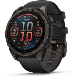 Smartwatch Garmin Inteligentny zegarek Fenix 8 – 47 mm, AMOLED Sapphire, Titan DLC w kolorze szarego węgla z silikonowym pasek w kolorze czarno-szarym. Czarne zegarki smartwatch Garmin, bez wzorów. Za 3,549.80 zł.