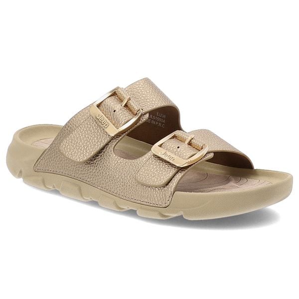 Złote Klapki Jeep Stylowe Obuwie Damskie. Żółte klapki damskie Jeep, na lato, bez wzorów, eleganckie, bez obcasa, bez zapięcia. Za 169.00 zł.