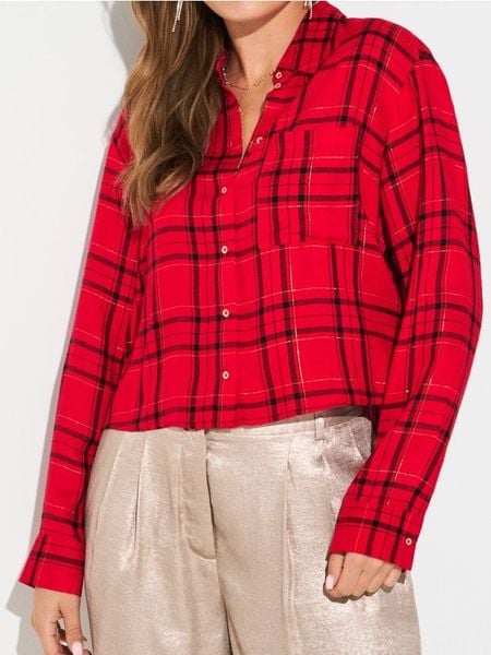 Koszula w kratę z motywem świątecznym - wielobarwny. Koszule damskie Sinsay, l, bez wzorów, wizytowe, bez kołnierzyka, bez ramiączek. Za 49.99 zł.