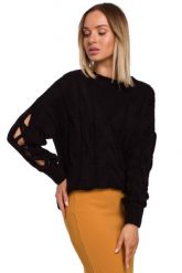 Czarny Sweter z Rozcięciem na Rękawach. Czarne swetry nierozpinane damskie MOE, l, bez wzorów, z materiału, bez kołnierzyka, bez ramiączek. Za 219.90 zł.