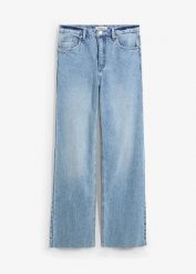 Jeansy wide leg, wysoki stan. Niebieskie jeansy damskie bonprix, bez wzorów, z jeansu, z podwyższonym stanem. Za 119.99 zł.