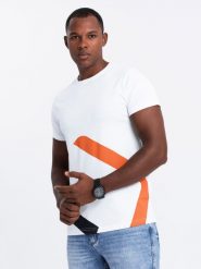 Bawełniany t-shirt męski z kontrastowym dwukolorowym printem – biały V2 OM-TSPT-0219 - XXL. Białe t-shirty męskie Ombre Clothing, l, bez wzorów, z bawełny, bez kołnierzyka, bez ramiączek. W wyprzedaży za 39.99 zł.