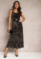 Brązowa Sukienka Maxi na Ramiączkach w Cekiny Misona. Czarne sukienki damskie Renee, l, bez wzorów, bez kołnierzyka, bez ramiączek, maxi. Za 159.99 zł.
