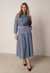 Niebieska Bawełniana Spódnica Jeansowa z Rozkloszowanym Dołem i Plecionym Paskiem Doriame. Niebieskie spódnice damskie Born2be, do pracy, l, bez wzorów, z bawełny, biznesowe, midi, dopasowane. Za 189.99 zł.