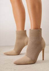 Ciemnobeżowe Botki VICES na Szpilce z Elastyczną Dzianinową Cholewką Dedanna. Brązowe botki damskie Renee, bez wzorów, z dzianiny, z otwartym noskiem, bez obcasa, na obcasie, bez zapięcia. Za 159.99 zł.