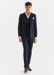 PAKO LORENTE – Granatowe spodnie garniturowe w kratę Windowpane. Niebieskie eleganckie spodnie męskie Pako Lorente, bez wzorów, z elastanu. Za 399.99 zł.