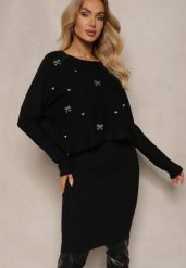 Czarny Dzianinowy Komplet z Wiskozą Sukienka o Dopasowanym Kroju i Sweter z Cyrkoniami Norathra. Czarne swetry nierozpinane damskie Renee, m, z aplikacjami, z dzianiny, eleganckie, bez kołnierzyka, bez ramiączek. Za 109.99 zł.