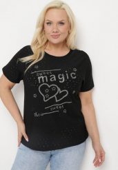 Czarny T-shirt Ażurowy z Ozdobnymi Cyrkoniami Cevola. Czarne t-shirty damskie Born2be, xl, w ażurowe wzory, bez kołnierzyka, bez ramiączek. Za 34.99 zł.