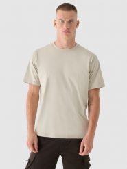 4F T-shirt oversize z nadrukiem męski - beżowy S. Brązowe t-shirty męskie 4F, m, bez wzorów, z bawełny, bez kołnierzyka, bez ramiączek. W wyprzedaży za 39.99 zł.