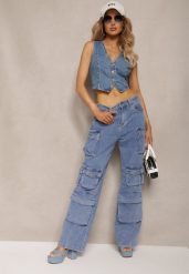 Niebieskie Spodnie High Waist z Szerokimi Nogawkami i Wieloma Kieszeniami Relada. Niebieskie spodnie materiałowe damskie Renee, bez wzorów, z jeansu, biznesowe, z podwyższonym stanem. Za 129.99 zł.