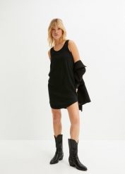 Sukienka shirtowa z bawełny z koronką. Czarne sukienki damskie bonprix, bez wzorów, z bawełny, bez kołnierzyka, bez ramiączek. Za 74.99 zł.