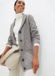 Sweter rozpinany z szalowym kołnierzem i wzorem w warkocze. Czarne kardigany damskie bonprix, bez wzorów, bez kołnierzyka. Za 112.99 zł.
