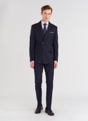 PAKO LORENTE – Granatowe spodnie garniturowe w subtelną kratę. Eleganckie spodnie męskie Pako Lorente, m, bez wzorów, z wełny, eleganckie. Za 999.99 zł.