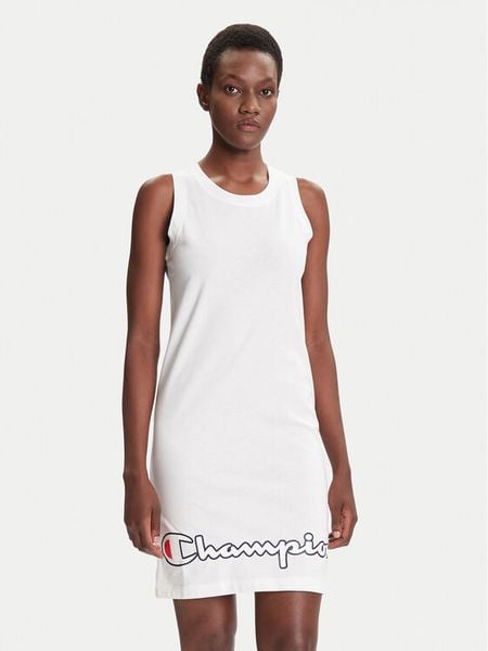 Champion Sukienka codzienna Script Logo Ribbed Trim 112657 Biały Regular Fit. Białe sukienki damskie Champion, na co dzień, xs, bez wzorów, z bawełny, bez kołnierzyka, bez ramiączek, proste. Za 79.99 zł.