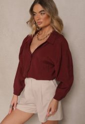 Bordowa Koszula z Modalem o Fasonie Oversize Adavelle. Czerwone koszule damskie Renee, bez wzorów, z jeansu, eleganckie, bez kołnierzyka, bez ramiączek. Za 99.99 zł.
