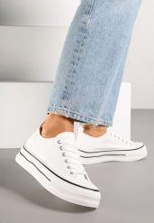 Białe Casualowe Trampki na Niskiej Platformie Natirinne. Białe trampki i tenisówki damskie Renee, bez wzorów, z jeansu, bez zapięcia. Za 69.99 zł.