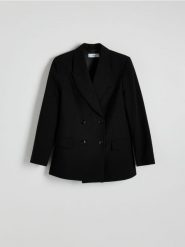 Marynarka z błyszczącymi drobinkami - czarny. Czarne marynarki i żakiety damskie Reserved, bez wzorów, z tkaniny, bez kołnierzyka, bez ramiączek. W wyprzedaży za 179.99 zł.