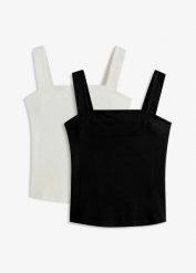 Top w prążek (2 szt.) z bawełny organicznej. Białe topy damskie bonprix, bez wzorów, z bawełny, bez kołnierzyka, bez ramiączek. Za 64.99 zł.