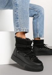 Czarne Śniegowce na Grubej Podeszwie ze Sznurowaniem Izandra. Czarne śniegowce damskie Born2be, z wełny, bez zapięcia. Za 89.99 zł.