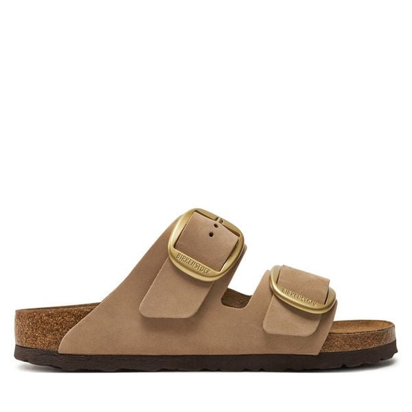 Klapki Birkenstock. Brązowe klapki damskie Birkenstock, bez wzorów, bez obcasa, bez zapięcia. Za 629.99 zł.