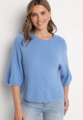 Niebieski Sweter z Wełną i Krótszym Rękawem Dannalie. Niebieskie swetry nierozpinane damskie Born2be, uniwersalny, bez wzorów, z jeansu, eleganckie, bez kołnierzyka, bez ramiączek. Za 159.99 zł.